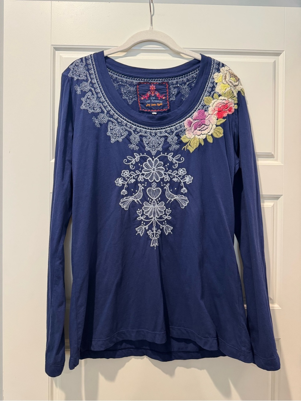 Johnny Was XL Blue Embroidered Cotton T-Shirt